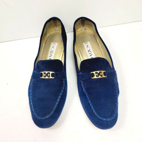 Escada Midnight Blue Signature 'E'  Velour Moccasin Loafers Size 11 - Picture 1 of 10